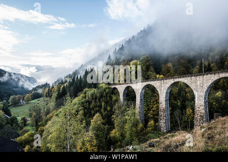 Railway bridge in the Ravenna Gorge, Hoellental in autumn, near ...