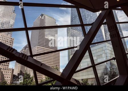 view out of 9/11 Memorial at new ONE World Trade Centre, museum, Manhattan, NYC, New York City, United States of America, USA, North America Stock Photo