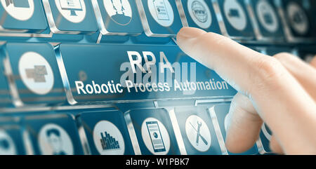 Woman using a RPA Robotic Process Automation system by pressing a button. Composite image between a hand photography and a 3D background. Stock Photo
