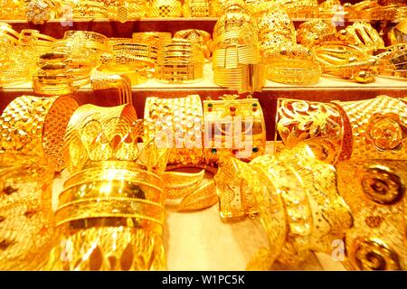 Gold jewellery in the Gold Souk of Deira, Dubai, United Arab Emirates ...