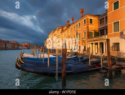 Overlooking the Grand Canal with gondolas in the morning sun and dramatic clouds, San Marco, Venice, Veneto, Italy Stock Photo