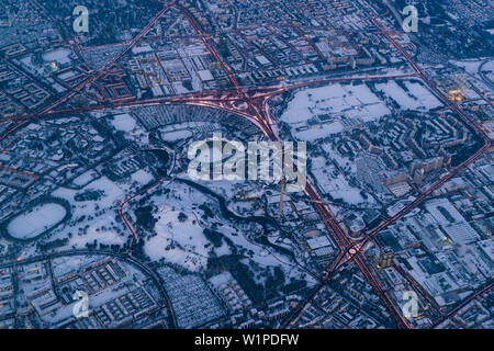 aerial shot of the Olympiapark in Munich in the early morning, Munich, Bavaria, Germany Stock Photo
