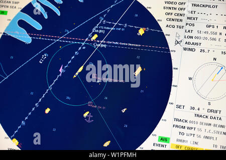 steenbank anchorage, netherlands - 2019.05.14:  ecdis radar screen on the bridge of the containership conti annapurna (imo# 9286255) Stock Photo