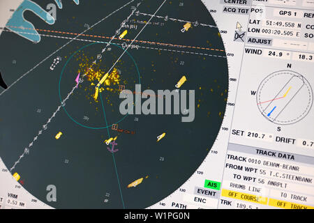 steenbank anchorage, netherlands - 2019.05.14:  ecdis radar screen on the bridge of the containership conti annapurna (imo# 9286255) Stock Photo