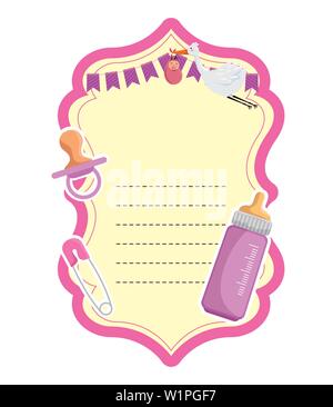 baby shower card with pacifier and bottle milk Stock Vector