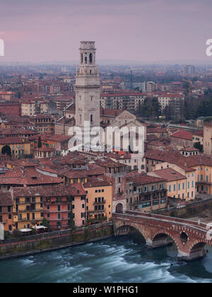 View from Castel San Pietro over the oldtown of Verona with the tower of the cathedral Santa Maria Matricolare and Ponte Pietra bridge over the Adige, Stock Photo
