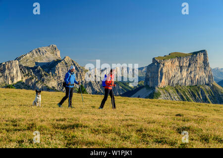 A man and a woman with dog walking on meadow with Grand Veymont and Mont Aiguille in the background, from the Tête Chevalier, Vercors, Dauphine, Dauph Stock Photo