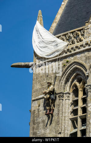 American paratrooper John Steele memorial at Sainte Mere l'Eglise, D-day landmark, Normandy, France. Stock Photo