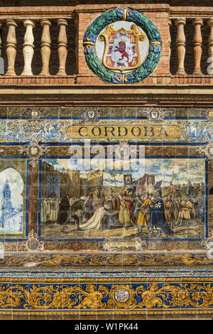 Antique ceramic, wall tiles representing provinces and cities of Spain , CordobaPlaca de Espana, spanish square, Seville, Andalusia, Spain Stock Photo