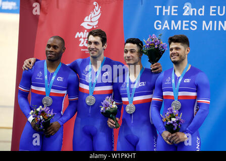 France's Gregory Bauge, Quentin Caleyron, Rayan Helal and Quentin Lafargue with their silver medals after the Mens Team Sprint during day seven of the European Games 2019 in Minsk. Stock Photo