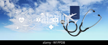 international medical travel insurance concept, stethoscope, passport and airplane, with icons and symbols isolated on white background Stock Photo