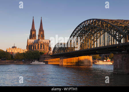 View over the Rhine river to Museum Ludwig, Cologne cathedral and Hohenzollern bridge, Cologne, North Rhine-Westphalia, Germany Stock Photo