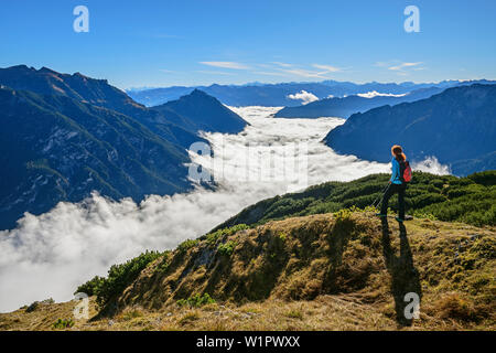 Woman hiking looking at mood of fog above lake Achensee, Rofan and Karwendel in background, Seebergspitze, Karwendel range, Tyrol, Austria Stock Photo