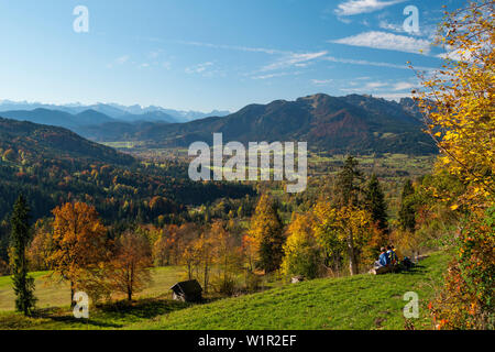 view from the southern slope of the Sonntraten mountain into Isar Valley, to Brauneck and Karwendel mountains, Alps, Upper Bavaria, Germany, Europe Stock Photo