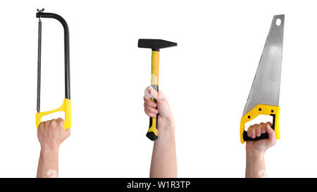 Hands with different tools isolated on white background Stock Photo