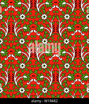 Woodblock printed seamless ethnic floral pattern. Traditional oriental ornament of India, meander motif with flowers, green on red background. Stock Vector