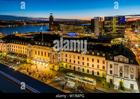 view to the central station and Stadhus at dusk, Stockholm, Stockholm, Sweden Stock Photo