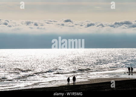 Beach walker after sunrise, Wangerooge, East Frisia, Lower Saxony, Germany Stock Photo