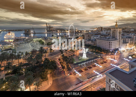 panoramic view view from AC Hotel Malaga Palacio, Promenade, Paseo Parque, lighthouse, port, Malaga Andalusia, Spain Stock Photo