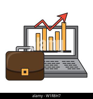 Laptop with statistics growing and briefcase symbols Stock Vector