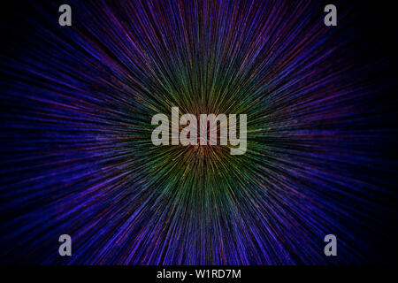 natural lens zoom explosion radial gradient color blurred dots on black background with selective focus. Stock Photo