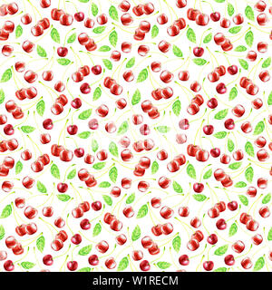 Cute cherry seamless pattern. Good for textile, wrapping, wallpapers, etc. Sweet red ripe cherries isolated on white background. illustration. handmad Stock Photo
