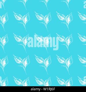 Outline doodle seamless leaves in line art style on blue background. Outline floral seamless pattern. Cute simple design. Hand drawn style pattern. Ve Stock Vector
