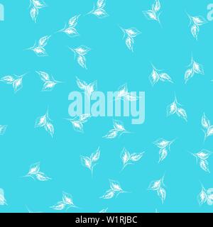 Outline doodle seamless leaves in line art style on blue background. Outline floral seamless pattern. Cute simple design. Hand drawn style pattern. Ve Stock Vector