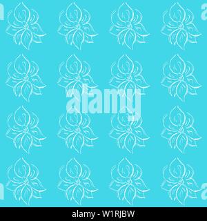 Seamless hand drawn pattern of abstract rose flowers isolated on blue background. Vector floral illustration. Outline floral seamless pattern. Outline Stock Vector