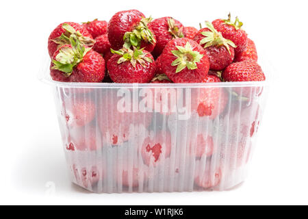 Description: strawberry in plastic transparent container box, isolated on white background Stock Photo