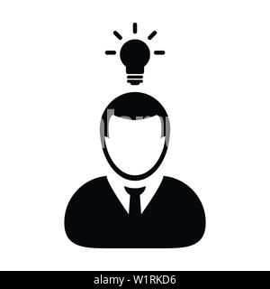 Brainstorming icon vector male person profile avatar symbol with bulb for a creative idea for business development in Glyph Pictogram illustration Stock Vector
