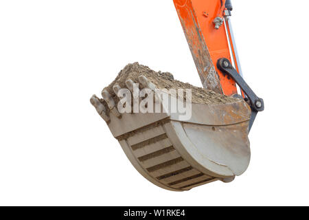 Excavator bucket full of dirt isolated on white background with clipping path. Stock Photo