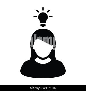 Concept icon vector female person profile avatar symbol with bulb for creative idea for business development in Glyph Pictogram illustration Stock Vector