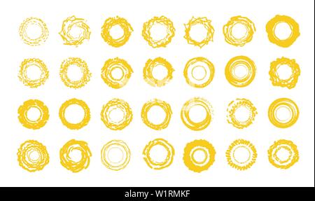Sun icons set. Sunny Summer logo template collection. Hand drawing style, grunge yellow shapes. Vector isolated illustrations on white background. Stock Vector