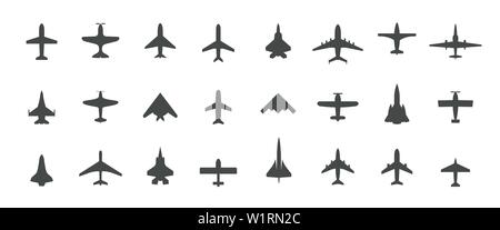 Aircraft top view icon set. Set of black silhouette airplanes, jets, airliners and retro planes icons. Isolated vector logos template on white Stock Vector