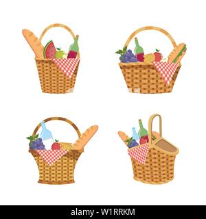 set of hamper with food and tablecloth decoration over white background vector illustration Stock Vector