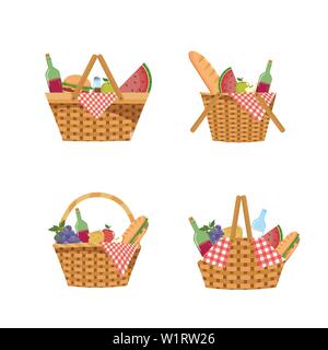 set of picnic hamper with food and tablecloth over white background vector illustration Stock Vector