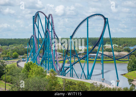 Orlando, Florida.  June 30, 2019 . Panoramic view of people enjoying amazing ride at Mako rollercoaster in Seaworld Stock Photo