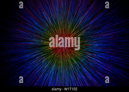 natural lens zoom explosion radial gradient color blurred dots on black background with selective focus. Stock Photo