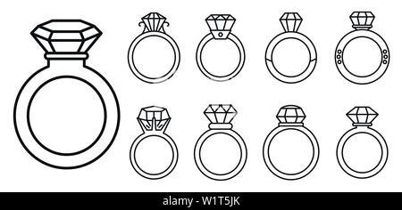 Girl diamond ring icons set. Outline set of girl diamond ring vector icons for web design isolated on white background Stock Vector