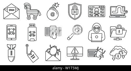 Cyber attack bug icons set. Outline set of cyber attack bug vector icons for web design isolated on white background Stock Vector