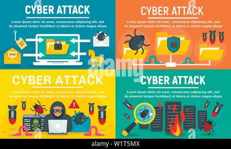 Modern cyber attack banner set. Flat illustration of modern cyber attack vector banner set for web design