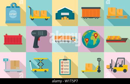 Goods export icons set. Flat set of goods export vector icons for web design Stock Vector