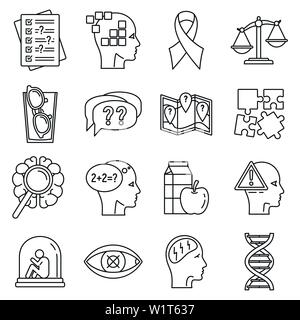 Aging alzheimer disease icons set. Outline set of aging alzheimer disease vector icons for web design isolated on white background Stock Vector