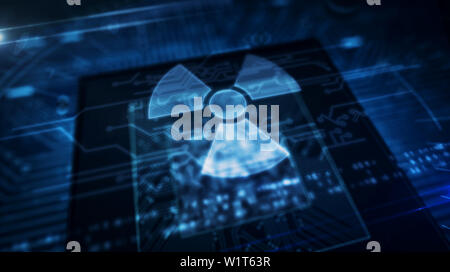 Nucelar danger icon glowing hologram over working cpu in background. Futuristic concept of cyber war, nuclear conflict, science, energy symbol and rad Stock Photo