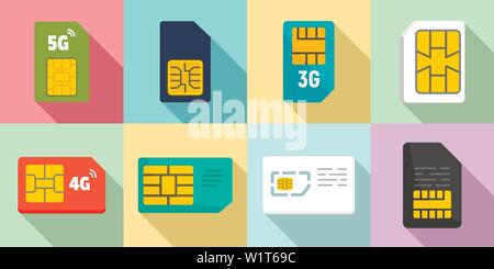 Sim phone card icons set. Flat set of sim phone card vector icons for web design Stock Vector