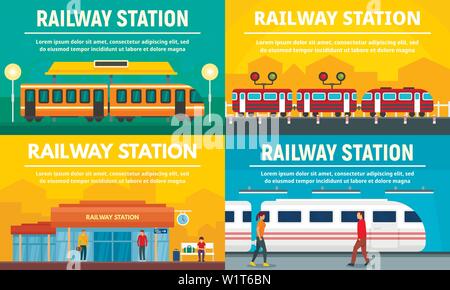 Railway station banner set. Flat illustration of railway station vector banner set for web design Stock Vector