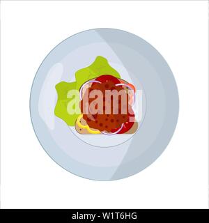 Plate of food. The concept of products for lunch, dinner. Meat cutlet with vegetables on a piece of bread. Peppers, onions and lettuce. Icons, infogra Stock Vector