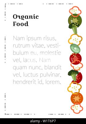 Organic food. A4 poster template. Food for marketing materials. Peppers, tomato slices, broccoli - flat vegetables for a vegetarian restaurant menu, a Stock Vector