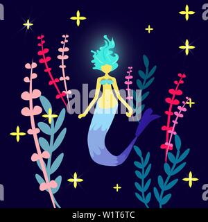 Print mermaid. Cartoon character siren. Girl with blue luminous hair and a tail. Underwater world. Red, purple, pink algae. Illustration for a postcar Stock Vector